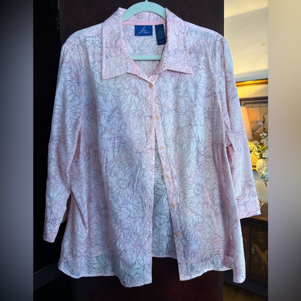 jh Collectibles Sheer Pink Floral Button-Up Shirt With 3/4 Length Sleeves